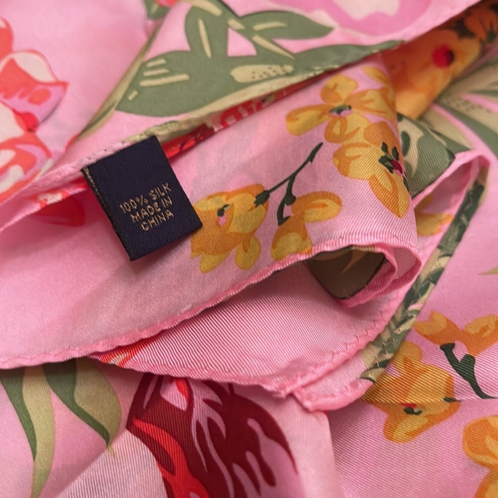 346 Brooks Brothers pink flower scraf with green and yellow accents. 55X14 size - Picture 3 of 5